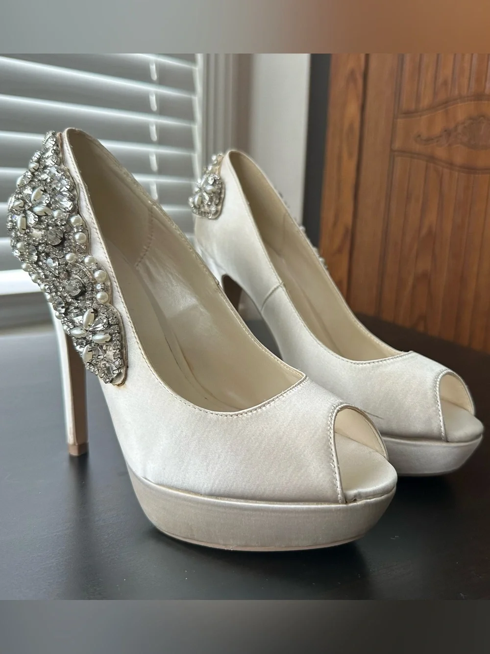 Paradox London Pink Satin Ivory Peep-Toe Platform Heels with Crystal Trim